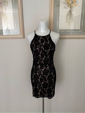Black Lace Halter Cocktail Mini Dress